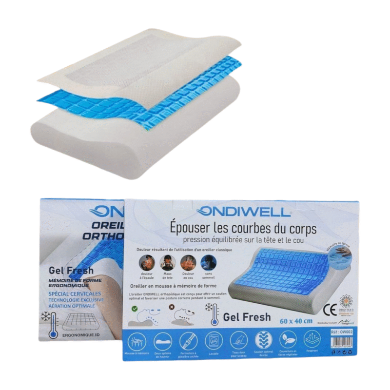 Oreiller orthopédique Ondiwell Gel Fresh Wave de 60x40cm, montrant sa forme ergonomique et sa texture rafraîchissante.