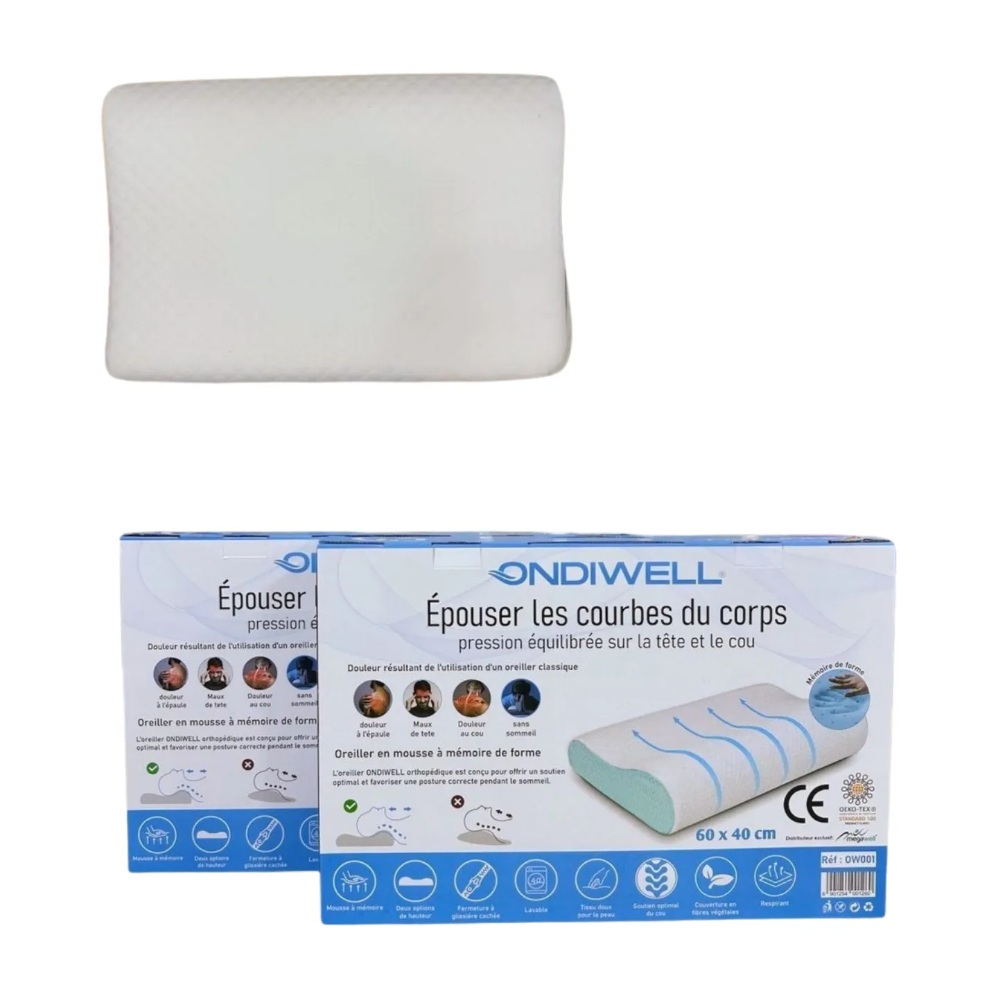 Oreiller Orthopedique Ondiwell Mousse à Mémoire Wave 60×40 cm