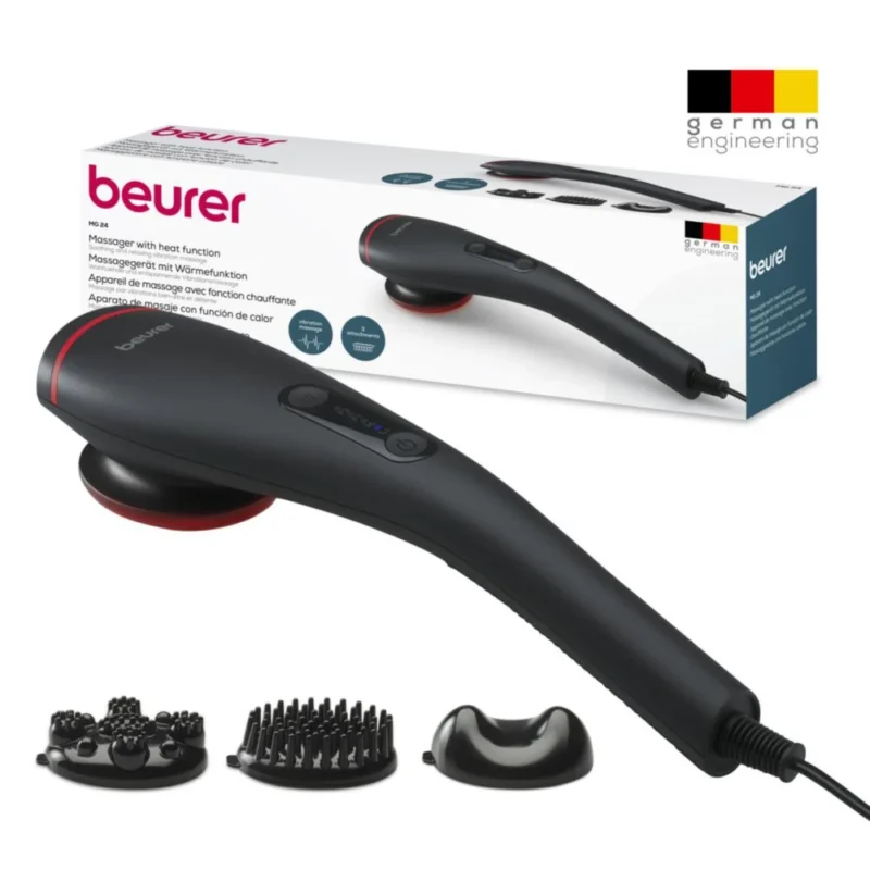 Appareil de massage Beurer MG 24 avec option chauffante, montrant sa poignée ergonomique et ses embouts interchangeables.