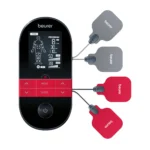 Appareil électrostimulateur Beurer EM-59 numérique avec écran LCD, 4 électrodes autocollantes et fonction chaleur, utilisé pour TENS, EMS et massage.