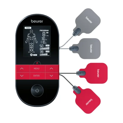 Appareil électrostimulateur Beurer EM-59 numérique avec écran LCD, 4 électrodes autocollantes et fonction chaleur, utilisé pour TENS, EMS et massage.