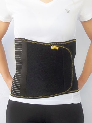 Ceinture abdominale Morsa Cyberg Ref-120.420, vue de face. Ceinture noire en tissu extensible avec des éléments rigides intégrés pour le soutien lombaire. Fermeture velcro ajustable. Présentée sur un fond neutre.