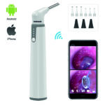 Otoscope vidéo intelligent Starcare avec écran intégré, offrant une vision HD améliorée des conduits auditifs. L'appareil présente un design compact, doté d'une LED haute luminosité pour un examen précis. Le produit est présenté comme connecté via Bluetooth, suggérant une transmission de données vers un appareil mobile.