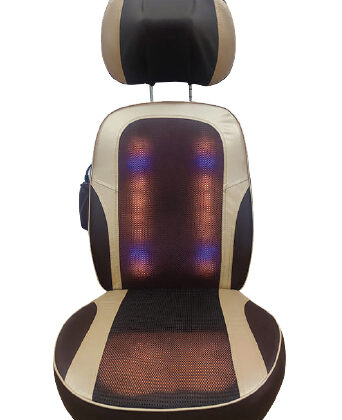 Siège massant Starcare en cuir brun. Le siège est doté de plusieurs coussinets de massage visibles sur le dos, le cou et les cuisses. Il semble offrir un design enveloppant et moderne.