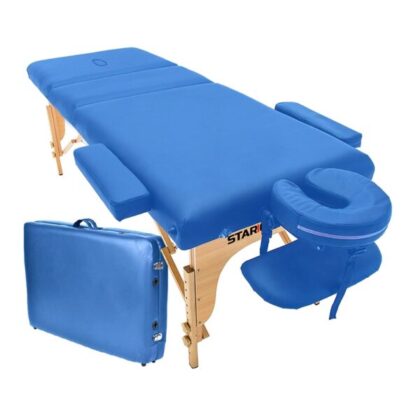 Table de massage pliante Starcare en bois massif, affichant une surface de massage confortable. La table est repliée, suggérant sa facilité de rangement, et présente un design robuste. Idéale pour les massages à domicile ou en cabinet.