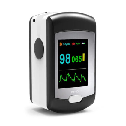 Oxymètre de pouls Starcare rechargeable, compact et portable, affichant une lecture numérique de la saturation en oxygène (SpO2) et de la fréquence cardiaque. L'appareil est conçu pour le suivi de la santé respiratoire.