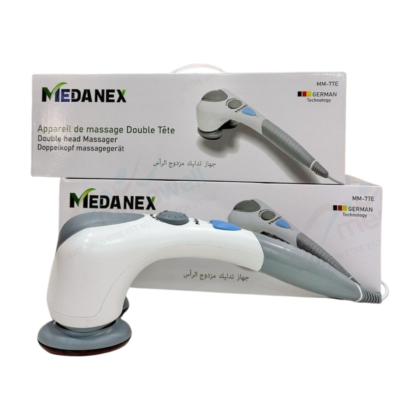 Massageurs Medanex à deux têtes, couleur [couleur du produit, ex: bleu/noir], conçus pour le corps. Les deux têtes de massage sont visibles et semblent être en rotation. L'appareil est présenté [précisez l'orientation et le contexte visuel, ex: posé sur un sol, en main]. Il est associé aux termes "massage" et "bien-être".