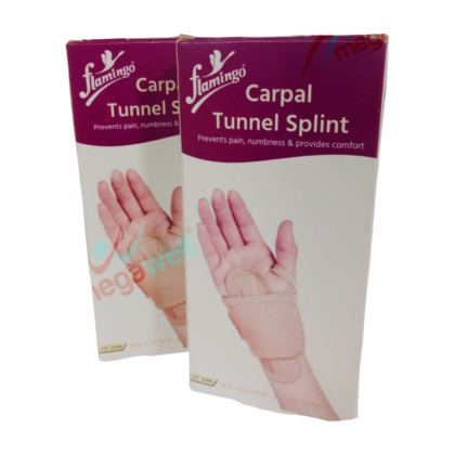 Attelle de poignet universelle Flamingo (OC 2088) en tissu respirant, conçue pour le syndrome du canal carpien. L'attelle est de couleur rose (flamingo), ajustable et facile à mettre en place, offrant soutien et soulagement à l'avant-bras et au poignet.