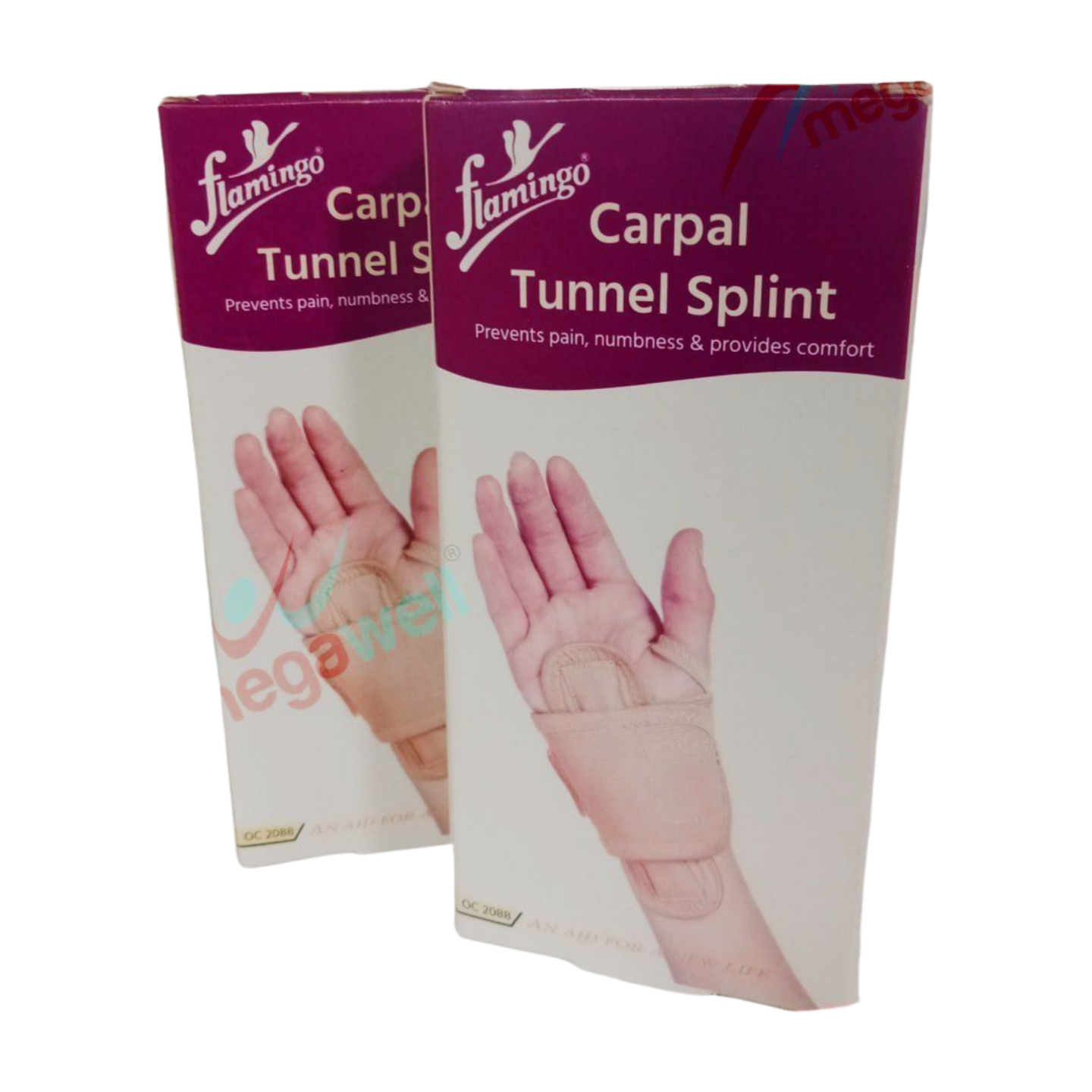 Attelle de poignet universelle Flamingo (OC 2088) en tissu respirant, conçue pour le syndrome du canal carpien. L'attelle est de couleur rose (flamingo), ajustable et facile à mettre en place, offrant soutien et soulagement à l'avant-bras et au poignet.