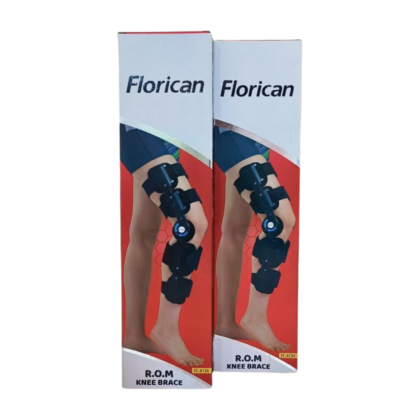 Attelle de genou articulée Florican R.O.M., visiblement réglable avec des sangles, offrant un soutien et une amplitude de mouvement. Conçue pour le sport, la rééducation ou la protection contre les entorses, elle semble confortable et de fabrication Florican.