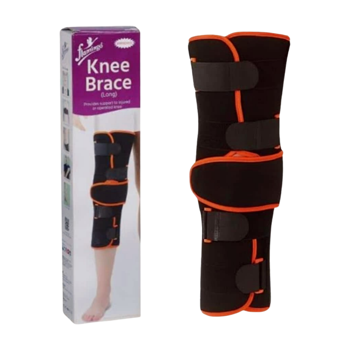 Attelle de genou longue Flamingo OC 2010, vue de face. Attelle en tissu extensible rose flamingo avec des baleines latérales rigides pour un soutien optimal. Fermeture velcro réglable. Indiquée pour activités, récupération et douleurs légères. Disponible en tailles S, M, L.