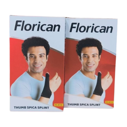 Attelle de pouce Florican FC4113, en plastique rigide, conçue pour soutenir et immobiliser le pouce. Elle est ajustable et présente une forme ergonomique pour un confort optimal, idéal pour soulager les symptômes de tendinite, d'arthrite ou d'entorse.