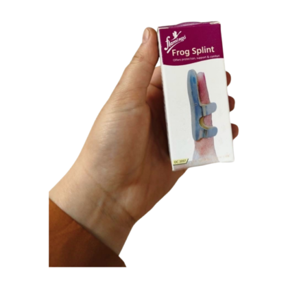 Attelle pour doigts en forme de grenouille, modèle Flamingo OC 2097, de taille XL. Couleur rose, conçue pour soulager et stabiliser les doigts douloureux, notamment en cas de hallux valgus ou d'oignon. Matériau respirant.