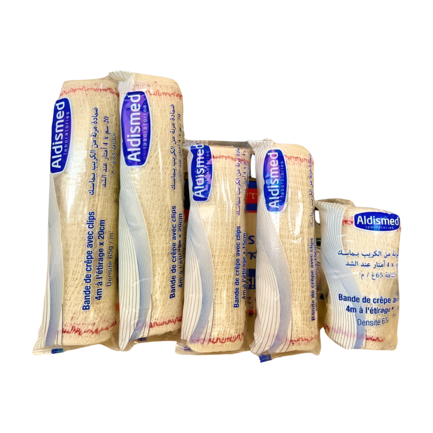 Bande crêpe Aldismed : bandage élastique, doux et respirant, pour soutien musculaire, immobilisation ou fixation de pansements.