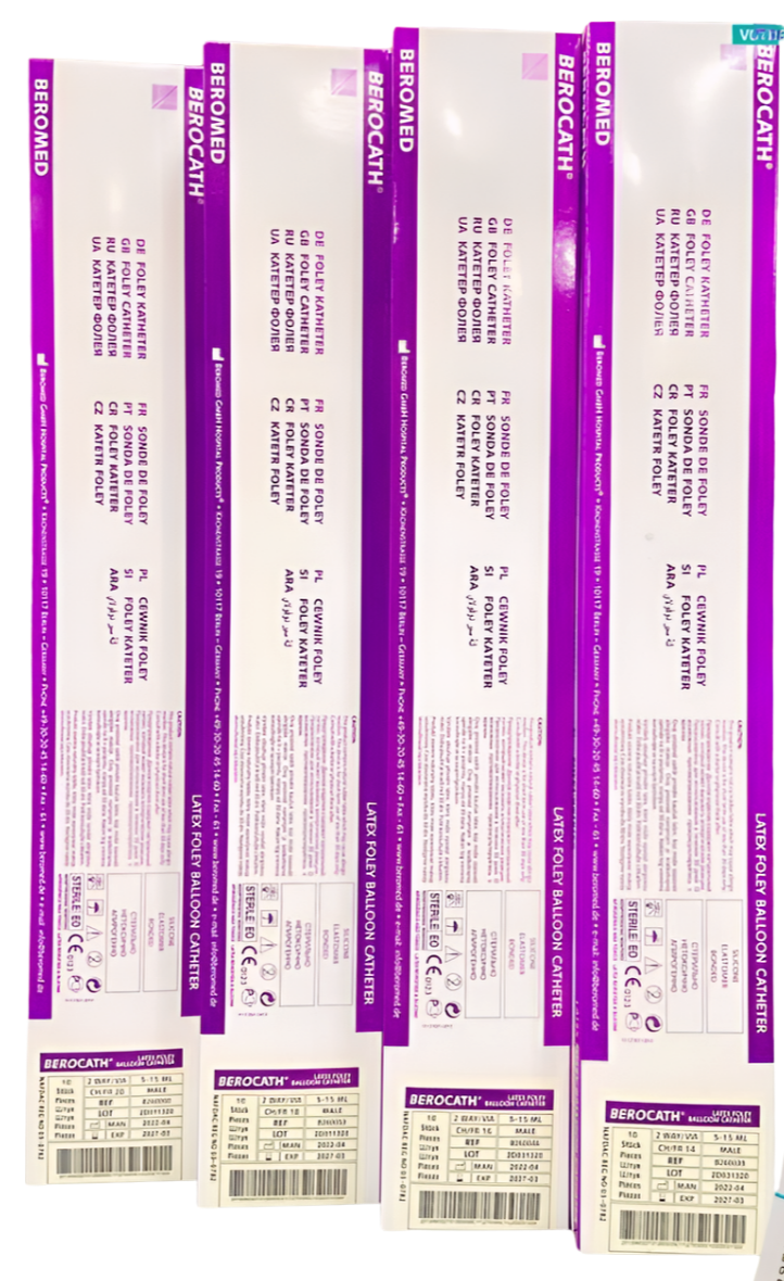 Sonde Foley pour homme Beromed, conçue pour le drainage urinaire en cas de rétention. Produit médical, fabrication de qualité, disponible en différentes tailles.
