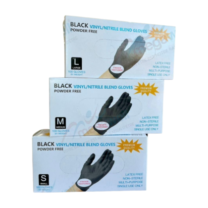 Gants noirs en vinyle et nitrile, disponibles en tailles S à L. Gants de protection professionnelle pour laboratoires, secteur de la santé et artisans. Texture lisse, aspect noir uniforme.