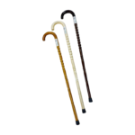 Canne en bois Megawell de forme C, couleur beige, chocolat et miel. Elle offre un design chaleureux, un confort et une stabilité pour faciliter les déplacements quotidiens.