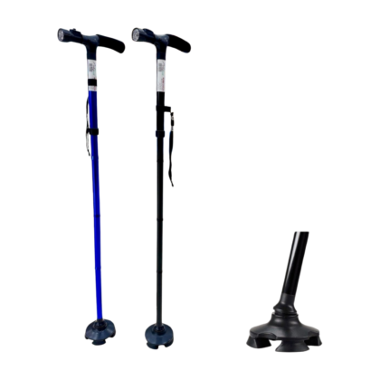 Canne de marche pliante en aluminium, avec torche LED bleue intégrée à la base. La canne est légère et compacte, conçue pour faciliter la mobilité et assurer la sécurité.