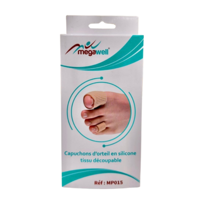 Capuchons d'orteils Megawell (MP015) en tissu avec gel découpe, conçus pour soulager les douleurs aux orteils (hallux valgus, cors, engourdissements). Discrets et confortables, ils permettent un ajustement personnalisé pour des pieds en meilleure santé.
