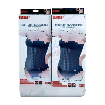 Ceinture abdominale Berbas BR118, de couleur [indiquer la couleur de la ceinture, par exemple, noire ou grise], conçue pour le post-partum. Elle est présentée [décrire la position de la ceinture, par exemple, portée sur une personne, posée sur un fond clair]. La ceinture est de grande taille (3XL/4XL) et vise à offrir soutien abdominal, périnéal et lombaire pour une récupération optimale.