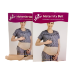 Ceinture de maternité Flamingo OC 2031, vue de face. Ceinture de couleur neutre, ajustable, conçue pour soutenir le ventre et le dos pendant la grossesse. Le tissu semble souple et respirant. Le logo "Flamingo" est discrètement visible.