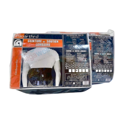 Ceinture lombaire Panarthro : Une ceinture de soutien ergonomique, de couleur [préciser la couleur principale de la ceinture, ex: bleu marine], conçue pour le bas du dos. Elle présente une structure [décrire brièvement la structure visible, ex: renforcée, avec des baleines] et un tissu [décrire le tissu, ex: respirant, texturé]. La ceinture est présentée [décrire la façon dont la ceinture est présentée, ex: portée sur une personne, posée sur un fond neutre], indiquant sa facilité d'utilisation et son potentiel de soulagement pour les douleurs lombaires. Plusieurs tailles sont disponibles.