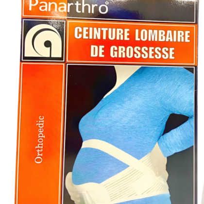 Ceinture lombaire de grossesse Panarthro L, présentée en [couleur de la ceinture], conçue pour offrir un soutien et un confort optimal au bas du dos pendant la grossesse. La ceinture est [décrire le matériau : tissu respirant, élastique, etc.] et présente une [décrire la conception : structure rigide, bretelles réglables, etc.] pour un ajustement personnalisé. Elle est visiblement adaptée pour soulager les douleurs dorsales et favoriser le bien-être maternel.