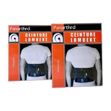 Ceinture lombaire Panarthro C.LX, vue de face. Ceinture de couleur neutre, ajustée à la taille, avec des sangles réglables et un maintien visible au niveau du bas du dos.
