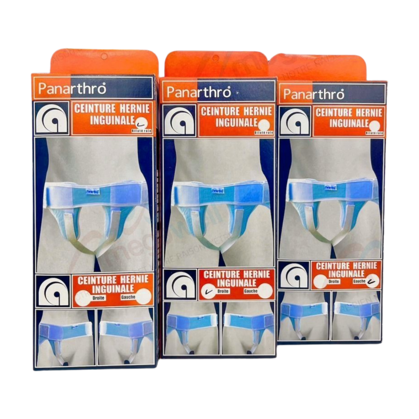 Ceinture orthopédique bilatérale Panarthro (C.H.I.A.B) de taille standard, conçue pour le soutien et le confort en cas de hernie inguinale. La ceinture est visiblement ajustable et possède un design bilatéral pour une compression uniforme. Elle est présentée comme un dispositif médical visant à réduire la douleur et prévenir les complications. #hernieinguinale #soulagement #santé