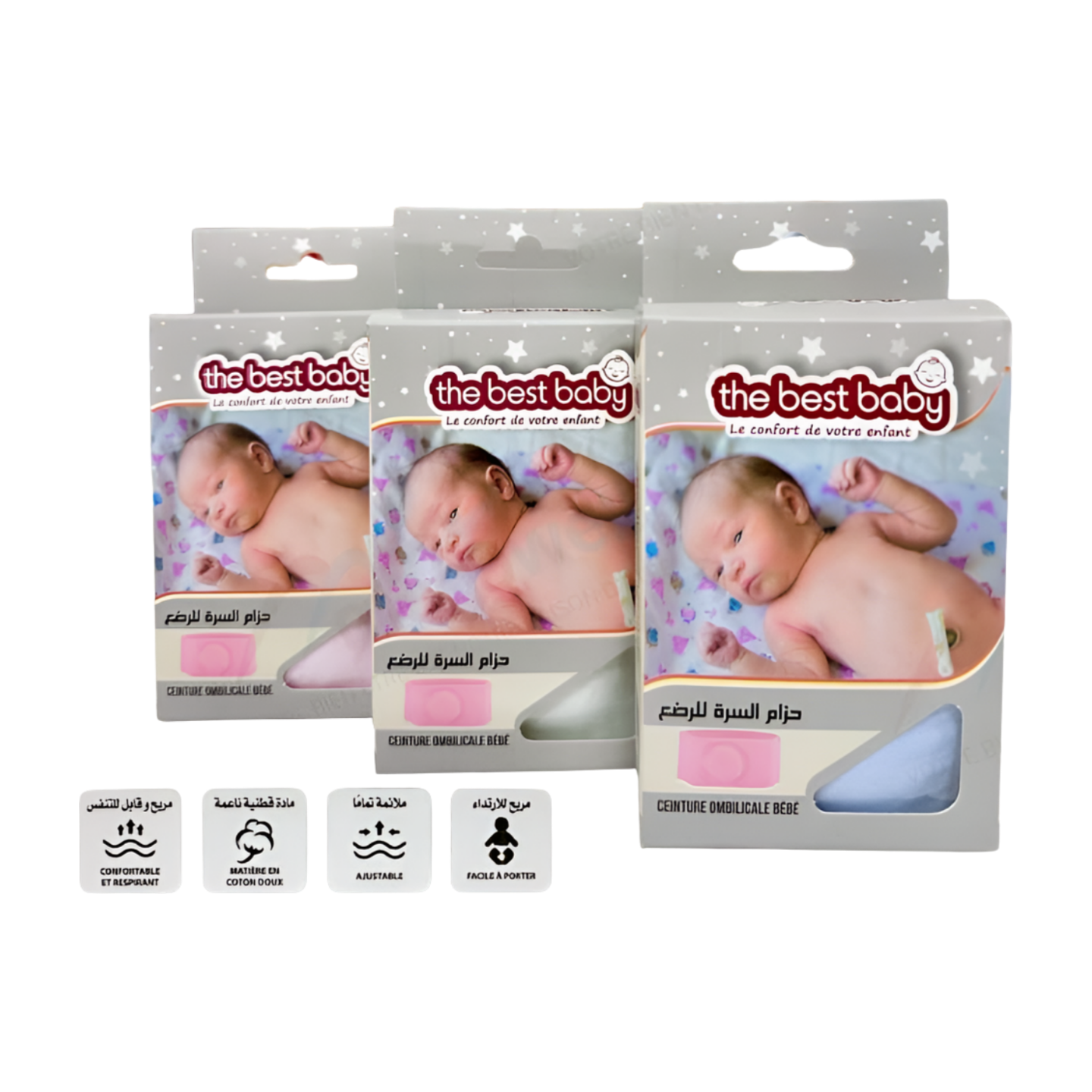 Ceinture ombilicale bébé en coton blanc, douce et confortable, de la marque The best baby. La ceinture enveloppe délicatement le cordon ombilical du bébé, assurant protection et discrétion après la naissance. Matériau : 100% coton.