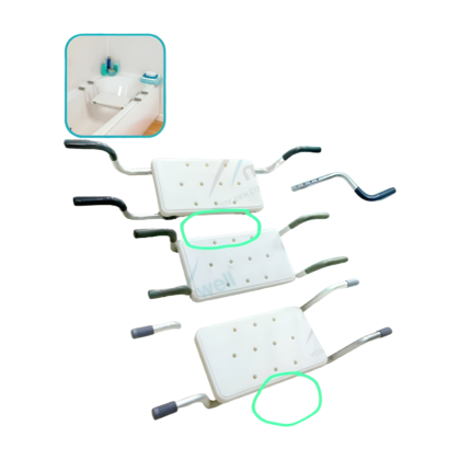 Chaise de bain en aluminium réglable, conçue pour la sécurité et le confort dans la baignoire. L'image montre une chaise de bain avec des supports réglables, visiblement fixée à la baignoire. Le design est sobre et fonctionnel, mettant en avant la robustesse de l'aluminium. 🛁✨