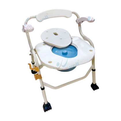 Chaise de douche PU739S, en similicuir, de couleur [préciser la couleur, ex: blanc, gris, beige], avec structure métallique robuste. Elle offre une assise confortable et stable, conçue pour un usage dans la salle de bain. La chaise présente un design simple et épuré, adaptée pour les personnes ayant des difficultés à se tenir debout. [Décrire brièvement la forme : ex: assise circulaire, assise rectangulaire, etc.].