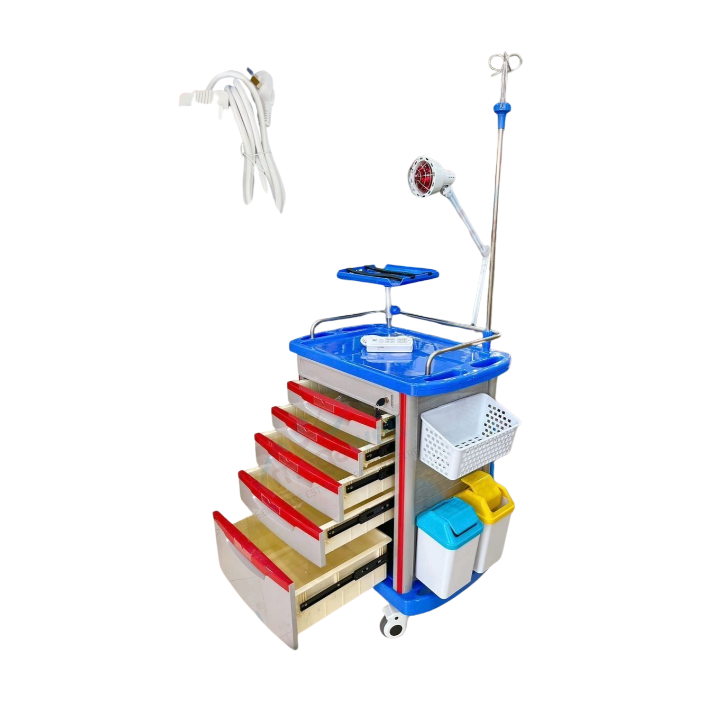 Chariot d'urgence Medanex MM-D14 : chariot médical robuste, équipé pour la réanimation, avec organisation optimisée du matériel et garantie de sécurité.