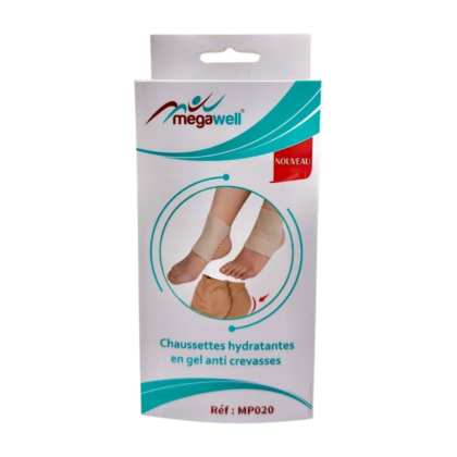 Chaussettes Megawell séparatrices d'orteils, modèle standard, pour le confort et l'hygiène des pieds. Présentées sur fond neutre, les chaussettes sont de couleur [couleur des chaussettes] et montrent clairement la séparation entre chaque orteil. Le matériau semble doux et respirant.