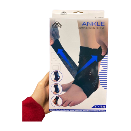 Chevillère de taille L Sibote ST 7535, de couleur [indiquer la couleur si visible sur l'image, ex: noire, grise], conçue pour le soutien et le confort. La chevillère est présentée sur [indiquer le contexte visuel, ex: une cheville, un pied, un mannequin]. Elle semble être fabriquée dans un matériau respirant, avec des [indiquer les éléments visuels, ex: sangles réglables, renforts]. Indiquée pour la prévention des entorses et le soulagement des douleurs lors d'activités sportives légères.