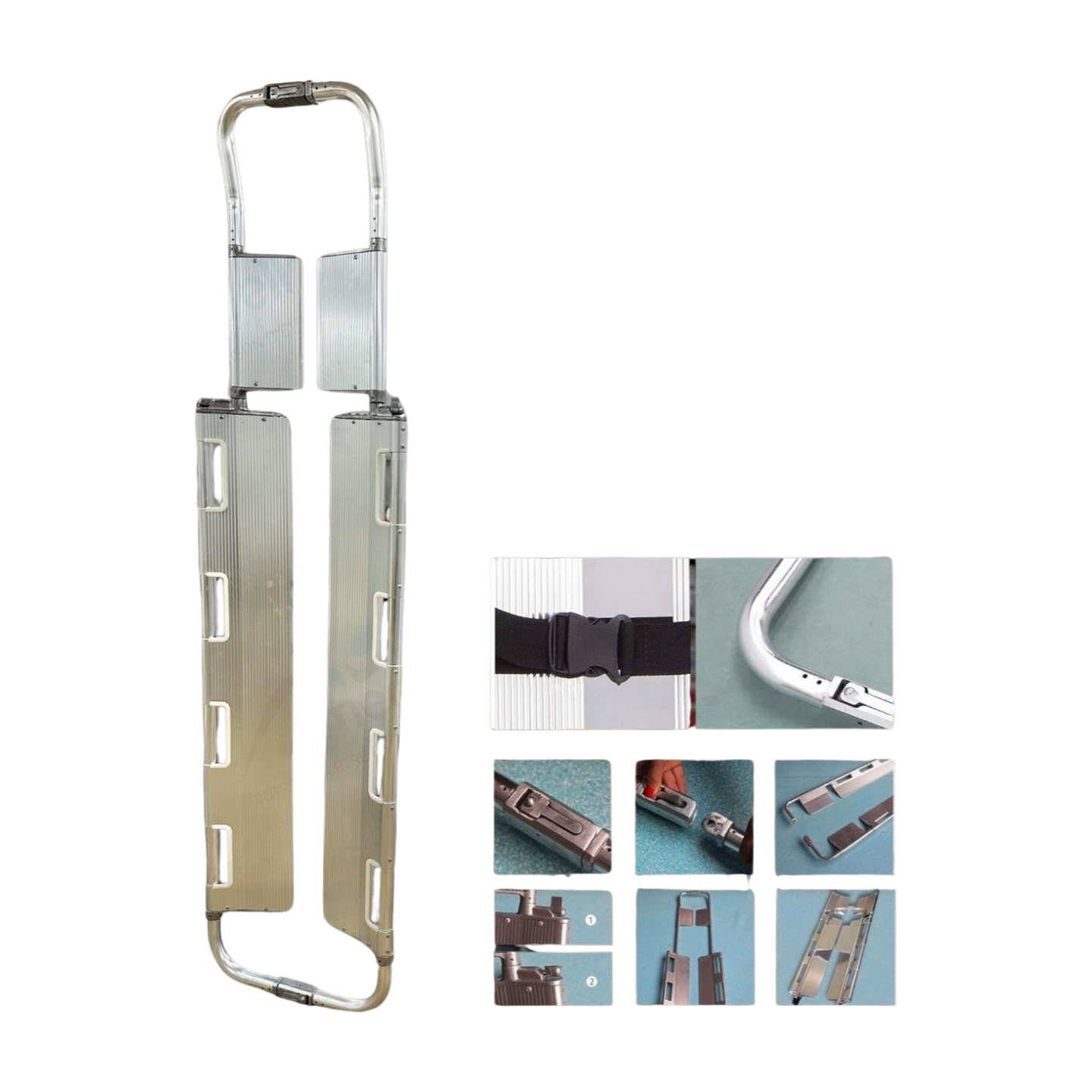 Civière médicale Medanex MM-025 en aluminium, de couleur grise, avec une forme incurvée pour le confort du patient. Elle présente des poignées latérales pour faciliter le transport et un design lisse et sans arêtes vives pour minimiser les risques de blessures. Des sangles de maintien sont visibles, renforçant la sécurité du patient.