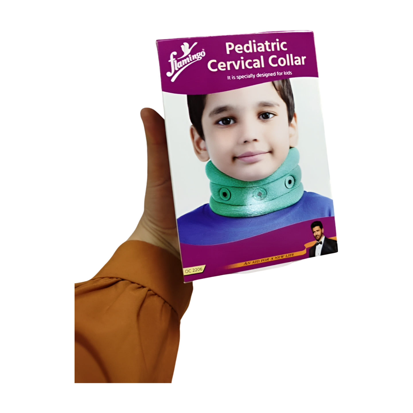 Collier cervical adapté aux enfants, modèle Flamingo OC 2206, de taille M/L. Collier de couleur claire, conçu pour offrir un soutien doux au cou et soulager les douleurs. Matériau respirant.