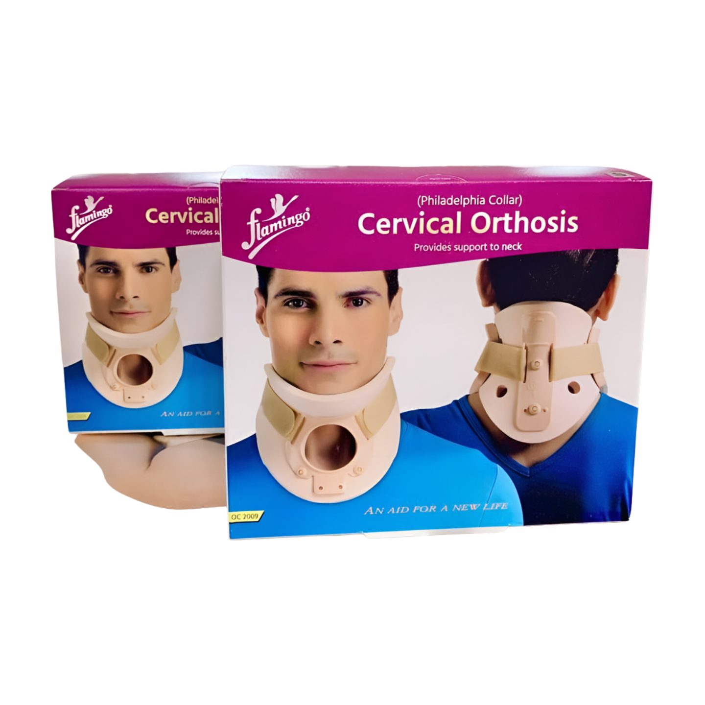 Collier cervical rose flamingo, modèle Philadelphia (OC 2009), conçu pour le confort et le soulagement du cou. Présente un design respirant et ergonomique, visible sur l'image. Disponible en différentes tailles pour un ajustement personnalisé.