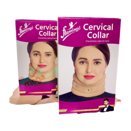 Collier cervical semi-rigide Flamingo (OC 2003) en tissu respirant, visiblement confortable, conçu pour le soutien et le soulagement des douleurs au cou. Taille XL/2XL.
