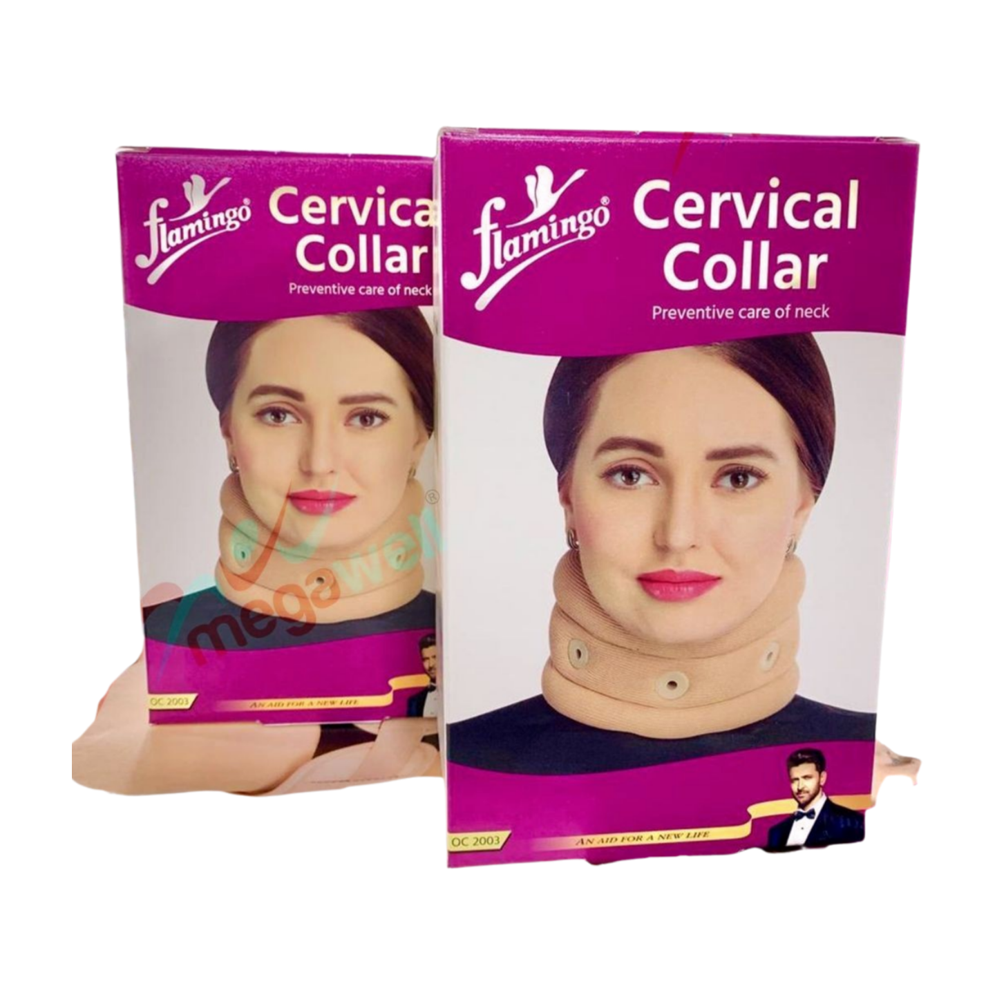 Collier cervical semi-rigide Flamingo (OC 2003) en tissu respirant, visiblement confortable, conçu pour le soutien et le soulagement des douleurs au cou. Taille XL/2XL.