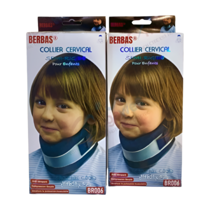 Collier cervical semi-rigide Berbas pour enfants, modèle M/L, conçu pour le confort et le soutien doux du cou. L'image montre un collier cervical de couleur [Couleur du collier, ex: bleu clair, blanc, etc.] avec une forme ergonomique, destiné à soulager les douleurs, entorses ou tensions cervicales chez les enfants. [Si visible sur l'image: Décrire les matériaux, ex: Fabriqué en mousse souple et support rigide]. Produit de parapharmacie.