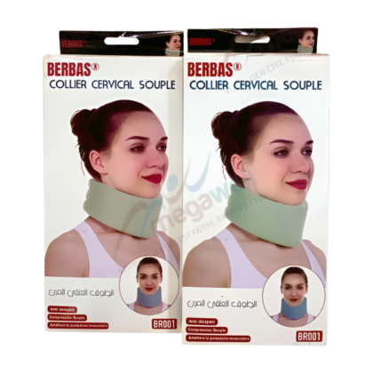 Collier cervical souple Berbas BR001, de couleur [Couleur du collier, par exemple : bleu clair], repose sur une surface [Description de la surface, par exemple : blanche]. Le collier est conçu pour s'adapter à la forme du cou et présente une texture [Description de la texture, par exemple : lisse et douce]. Il est clairement visible, mettant en évidence sa forme ergonomique et son aspect discret.