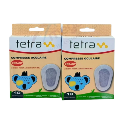 Compresse oculaire pour enfant Tetra, format 12 pièces, douce et protectrice pour les yeux sensibles. La compresse est présentée dans son emballage, suggérant un produit destiné au soin et au confort des yeux.
