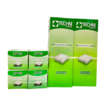 Compresse en coton purifié Technipharm STD, format 10x10 cm, présentée dans une boîte de 10. Coton doux, blanc et de texture uniforme, conçu pour l'hygiène, les pansements et les soins personnels.