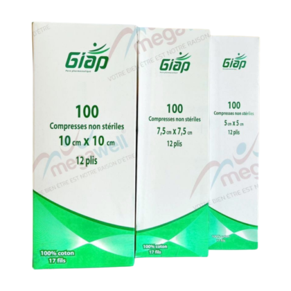 Compressez Giap, format 10x10 cm, présenté en lot de 100. Compresses absorbantes et non stériles, conçues pour l'hygiène personnelle et professionnelle.