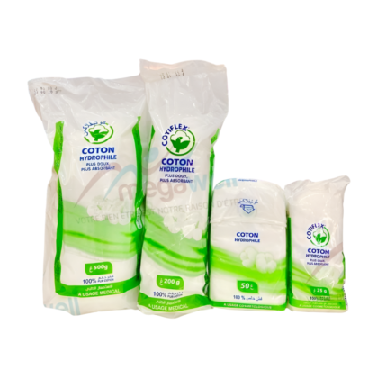 Sac de 500g de coton hydrophile Cotiflex, 100% coton pur et hypoallergénique. Produit doux et absorbant, idéal pour l'hygiène, la beauté et les soins, souvent utilisé en parapharmacie.