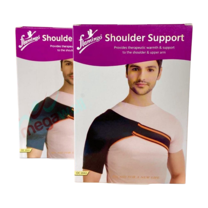 Épaulière élastique rose flamingo, modèle OC 2042, conçue pour le soutien et le confort de l'épaule. Elle présente une compression douce et est idéale pour le sport et la rééducation. Disponible en tailles S à 2XL.