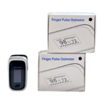 Oximètre de doigt Finger Pulse M170 : petit appareil électronique à tenir au bout du doigt, affichant une lecture numérique de la saturation en oxygène (SpO2) et de la fréquence cardiaque. Design compact et ergonomique, destiné à un usage personnel pour le suivi de la santé.