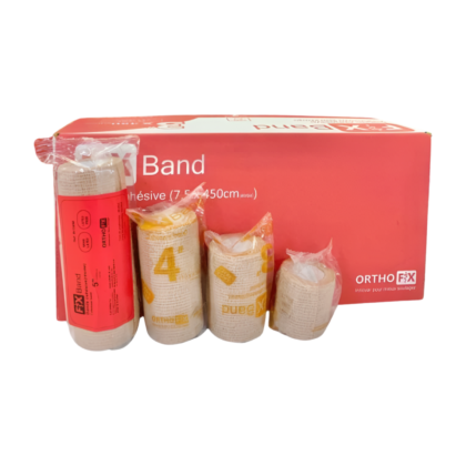 Bande auto-adhésive Fix-Band Orthofix, présentée dans son emballage contenant 12 bandes. Bande de couleur [indiquer la couleur si visible sur l'image] conçue pour le soutien musculaire et la fixation, avec une texture [décrire la texture si visible, ex: légèrement texturée, lisse]. L'emballage est une boîte [décrire le type de boîte, ex: en carton, plastique] avec le logo Orthofix clairement visible. Le produit est conçu pour être respirant et confortable. #Orthofix #Fixation.