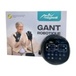 Gant robotique Megawell STD, en matériau souple et ajusté à la main, avec des éléments mécaniques visibles suggérant des mouvements assistés. Conçu pour la rééducation et le soutien de la main, il présente une interface utilisateur discrète.